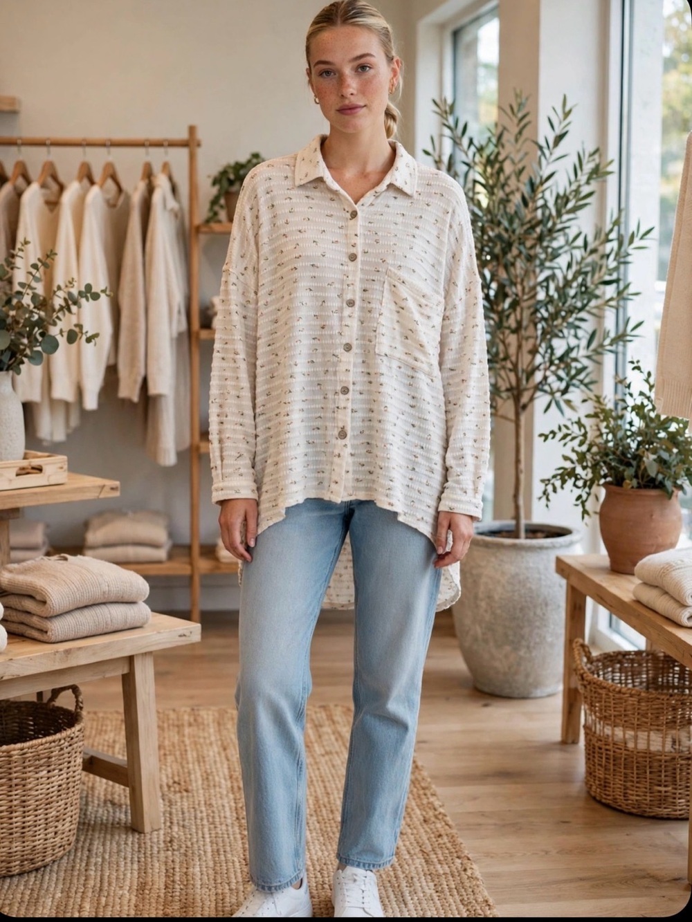 POL Oversized Button Up Shirt Cream Floral Print Knit Blouse Size Medium